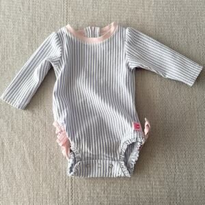 Ruffle Butts Blue White Seersucker Polka Dot Trim Long Sleeve One Piece Swimsuit